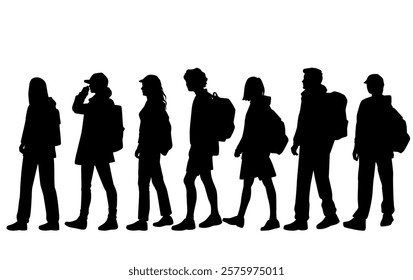 Group of men and women, people walking with backpacks, silhouettes, vector, profile, black isolated on white background