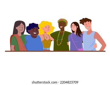 Un grupo de hombres y mujeres que representan diferentes culturas. El concepto de igualdad racial y la lucha contra el racismo. Diversidad de personas y amistad. Ilustración vectorial de personas