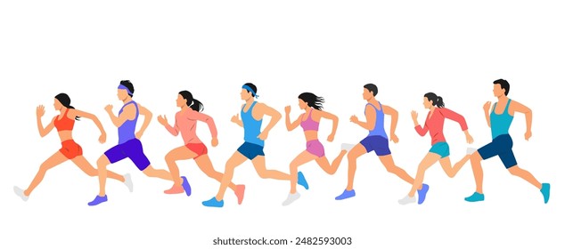 Group of men and women running, athletes, different colors, cartoon characters, people silhouettes, flat icon design concept, hand drawn vector illustration isolated on white background