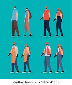 group of men and women with safety mask vector illustration design