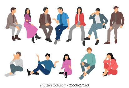 Group of men and a women sitting on a bench, different colors, cartoon character, silhouettes of business people, students, the design concept of flat icon, isolated on white background