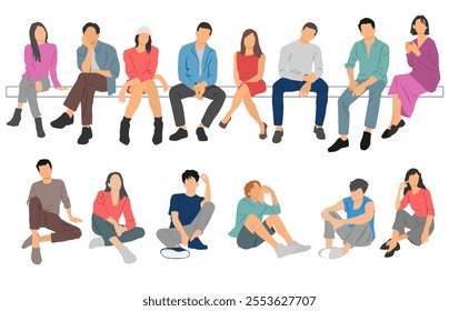 Group of men and a women sitting on a bench, different colors, cartoon character, silhouettes of business people, students, the design concept of flat icon, isolated on white background