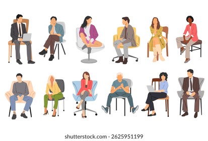 Group of men and women sitting on chairs and armchairs, different colors, cartoon character, business people silhouettes, flat icon design concept isolated on white background