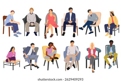 Group of men and women sitting on chairs and armchairs, different colors, cartoon character, business people silhouettes, flat icon design concept isolated on white background