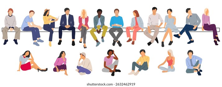Group of men and a women sitting on a bench, different colors, cartoon character, silhouettes of business people, students, the design concept of flat icon, isolated on white background