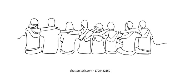 a group of men and women sitting together have their friendship - one line drawing. Single continuous line drawing about group of men and woman from multi ethnic standing together vector illustration