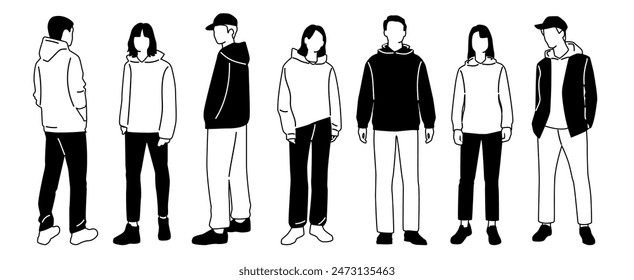 Group men and  women  stand, black and white colors, cartoon character, silhouettes standing  people, fashion hoodie; design concept of flat icon, hand draw vector illustration,isolated on white