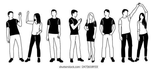 Group men and  women  stand, black and white colors, cartoon character, silhouettes standing  people, fashion model; design concept flat icon, hand draw vector illustration,isolated on white 