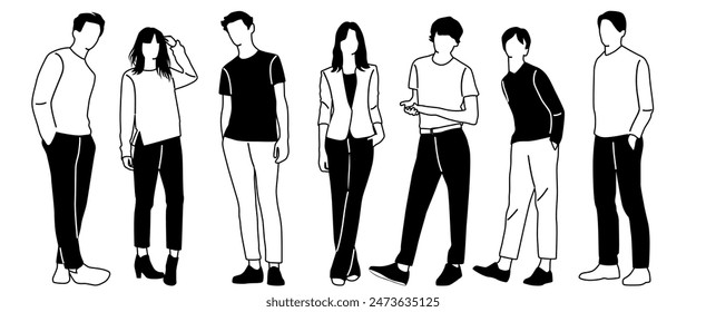 Group men and  women  stand, black and white colors, cartoon character, silhouettes standing  people, fashion model; design concept of flat icon, hand draw vector illustration, isolated on white