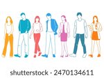 Group men and  women  stand, different colors, cartoon character, silhouettes walking,  people, design concept of flat icon, hand draw vector illustration,isolated on white background