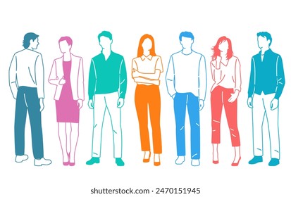 Grupo de hombres y mujeres de pie, diferentes colores, personaje de dibujos animados, siluetas de personas de pie, concepto de diseño de ícono plano, Ilustración vectorial de dibujo a mano, aislado sobre fondo blanco