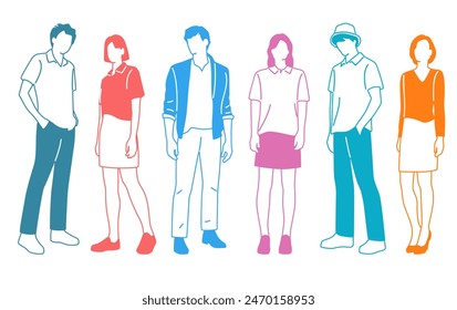 Group men and  women  stand, different colors, cartoon character, silhouettes standing  people, design concept of flat icon, hand draw vector illustration,isolated on white background