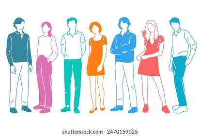 Group men and  women  stand, different colors, cartoon character, silhouettes standing  people, design concept of flat icon, hand draw vector illustration,isolated on white background