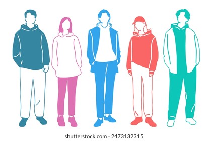 Gruppe Männer und Frauen stehen, verschiedene Farben, Zeichentrickfigur, Silhouetten stehende Menschen, Mode-Kapuzenpullover; Design-Konzept der flachen Ikone, Hand zeichnen Vektorillustration, isoliert auf weißem Hintergrund