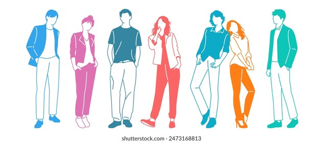 Group men and  women  stand, different colors, cartoon character, silhouettes standing  people, design concept of flat icon, hand draw vector illustration,isolated on white background