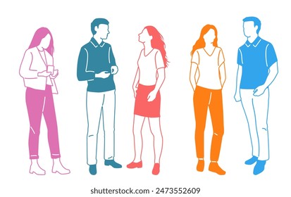 Group men and  women  stand, different colors, cartoon character, silhouettes standing  people, design concept of flat icon, hand draw vector illustration,isolated on white background