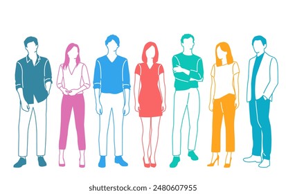 Grupo de hombres y mujeres de pie, diferentes colores, personaje de dibujos animados, siluetas de personas de pie, concepto de diseño de ícono plano, Ilustración vectorial de dibujo a mano, aislado sobre fondo blanco