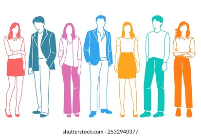 Group men and  women  stand, different colors, cartoon character, silhouettes standing  people, design concept of flat icon, hand draw vector illustration,isolated on white background