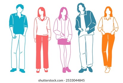 Group men and  women  stand, different colors, cartoon character, silhouettes standing  people, design concept of flat icon, hand draw vector illustration,isolated on white background