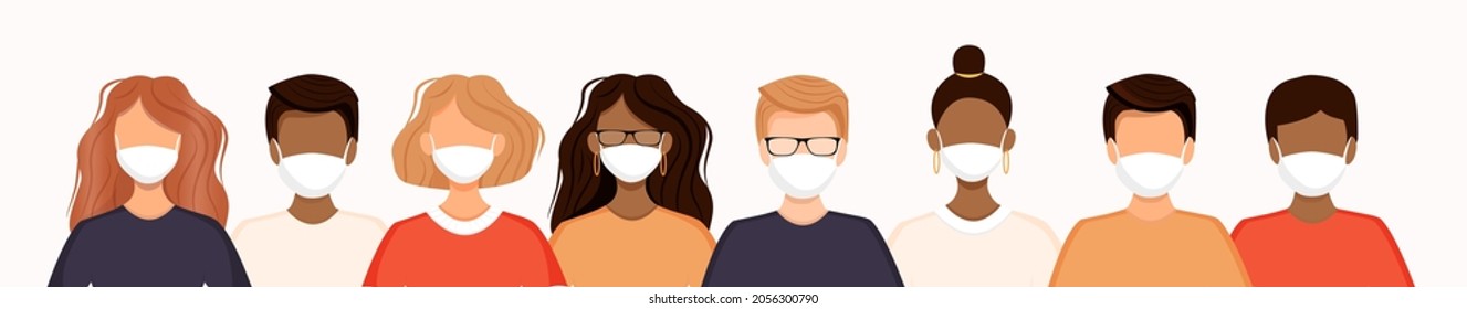 Group of men and women stand in a row wearing medical masks to prevent coronavirus, flu, air pollution, viruses and disease. Social diversity. Vector illustration. No face