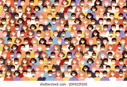 Group of men and women stand in a row wearing medical masks to prevent coronavirus, flu, air pollution, viruses and disease. People crowd poster. Social diversity, society. Vector illustration