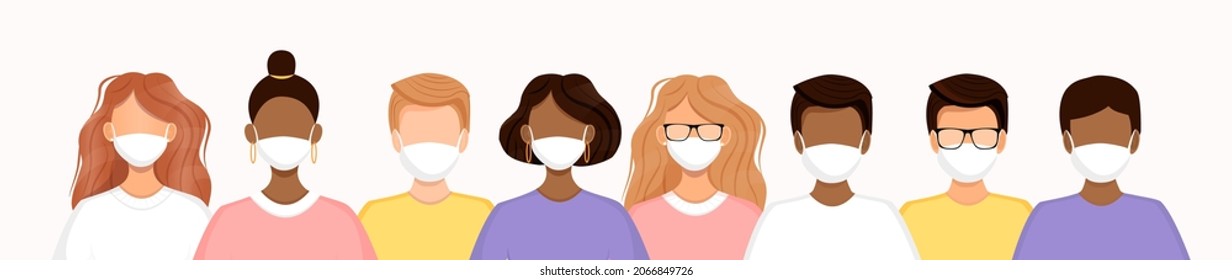 Group of men and women stand in a row wearing medical masks to prevent coronavirus, flu, air pollution, viruses and disease. Social diversity. Vector illustration. No face