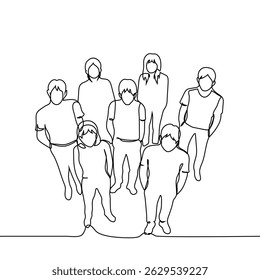 grupo de homens e mulheres ficar lado a lado e olhar para cima, vista superior - uma linha arte vetor. conceito jovens, nova geração. Vetor artesanal não AI