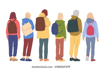 Group of men and women standing with backpacks, profile, back view, different colors, cartoon characters, people silhouettes, vacation clothes; Flat icon design concept, vector isolated on white