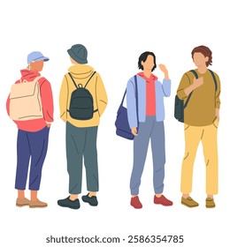 Group of men and women standing with backpacks, profile, front and back view, different colors, cartoon characters, people silhouettes, vacation clothes. Flat icon design, vector isolated on white