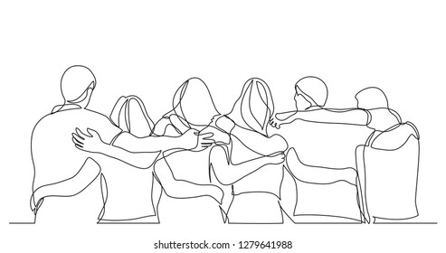 group men   women standing together showing their friendship    one line drawing