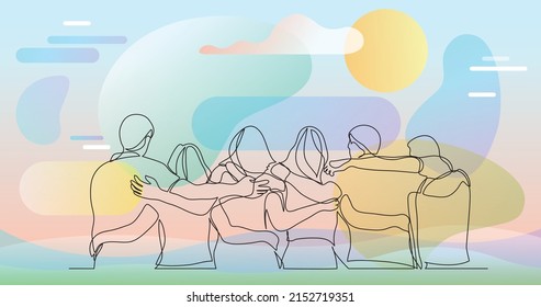 group of men and women standing together showing their friendship - one line drawing