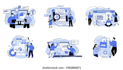 Group of men and women taking part in a business meeting, brainstorming, conference and seminar. The concept of career growth, job success and teamwork. Outline vector illustrations