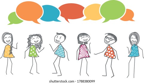 A group of men and women are talking to each other with empty dialogue bubbles above them