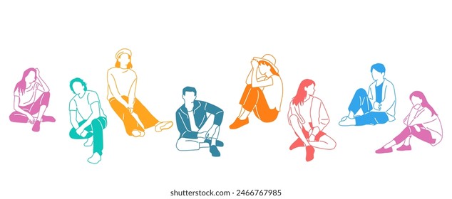 Group of men, women and teenagers sitting, different colors, cartoon character, silhouettes of sitting people, profile, flat icon design concept, hand drawn vector illustration isolated on white