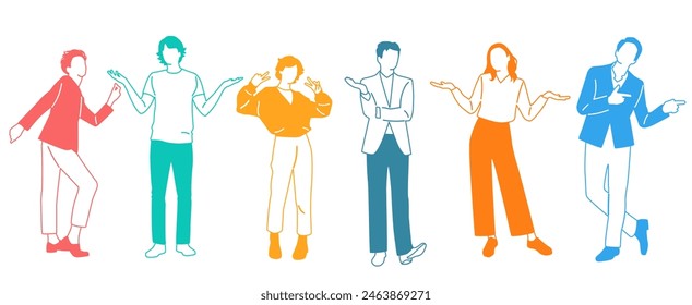 Group men,  women and teenagers stand, different colors, cartoon character, silhouettes standing  people, design concept of flat icon, hand draw vector illustration,isolated on white