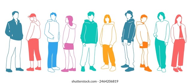 Grupo de hombres, mujeres y adolescentes de pie, diferentes colores, personaje de dibujos animados, siluetas de pie personas, concepto de diseño de ícono plano, Ilustración vectorial de dibujo a mano, aislado en blanco