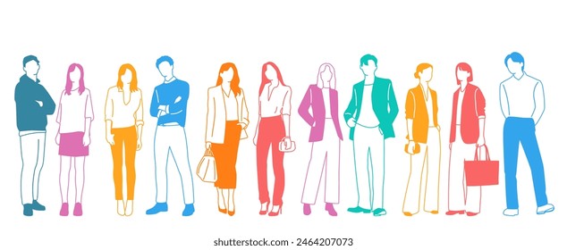 Grupo de hombres, mujeres y adolescentes de pie, diferentes colores, personaje de dibujos animados, siluetas de pie personas, concepto de diseño de ícono plano, Ilustración vectorial de dibujo a mano, aislado en blanco