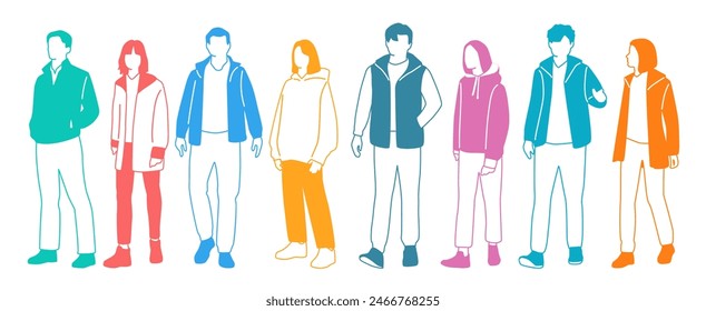 Group men,  women and teenagers stand, different colors, cartoon character, silhouettes standing  people, design concept of flat icon, hand draw vector illustration,isolated on white