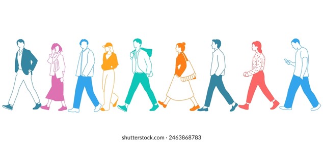 Group men,  women and teenagers walk, different colors, cartoon character, silhouettes walking  people, profile, design concept of flat icon, hand draw vector illustration,isolated on white