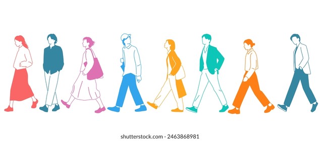 Grupo de hombres, mujeres y adolescentes caminan, diferentes colores, personaje de dibujos animados, siluetas caminando personas, perfil, concepto de diseño de ícono plano, Ilustración vectorial de dibujo a mano, aislado en blanco