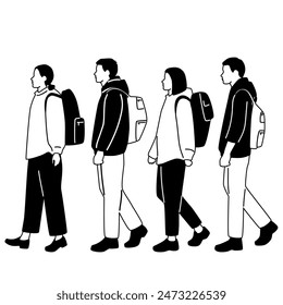 Group men and  women  walk with backpack, black and white colors, cartoon character, silhouettes walking  people, hoodie; design concept of flat icon, hand draw vector illustration, isolated on white