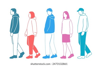 Group men and  women walk, different colors, cartoon character, silhouettes walking  people, profile, fashion hoodie; design concept flat icon, hand draw vector illustration,isolated on white 