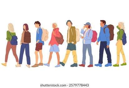  Group men and women walking with backpacks, profile, different colors, cartoon character, silhouettes people, vacation clothes; flat icon design concept,  vector, isolated on white