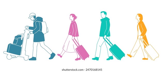 Group of men and women walking with luggage, profile, different colors, cartoon character, silhouettes of walking people, flat icon design concept, hand drawn vector illustration isolated on white 