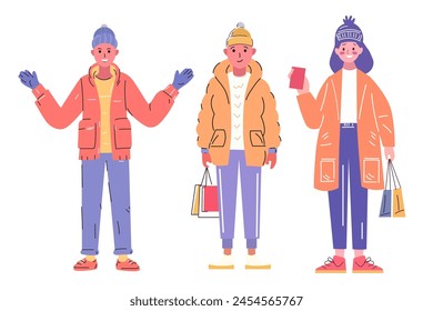 Group of men and women in winter clothes, isolated on white background