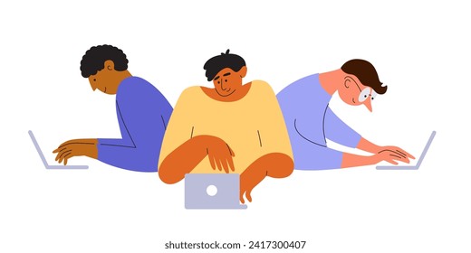 Group of men work, coding or play game together on laptop. Development team, people launch startup, hackathon, programmer. Gamer online stream, computer network, project teamwork. Vector illustration