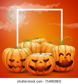 a group of merry Halloween pumpkins with a white frame. on an orange background