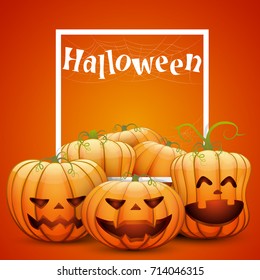 a group of merry Halloween pumpkins with a white frame. on an orange background