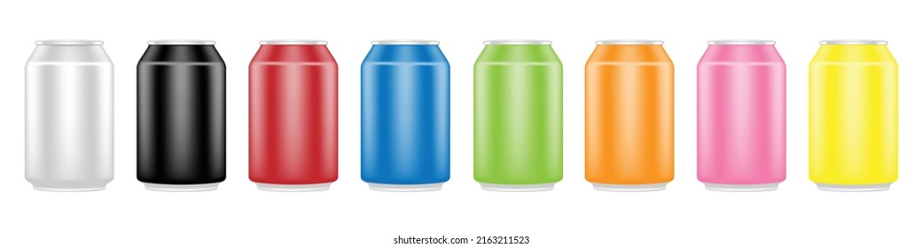 Group of metallic can for beer in different colors , Beautiful mockup energy drink bottle and soda water , Realistic aluminum metal juice isolated on white background , Vector illustration .