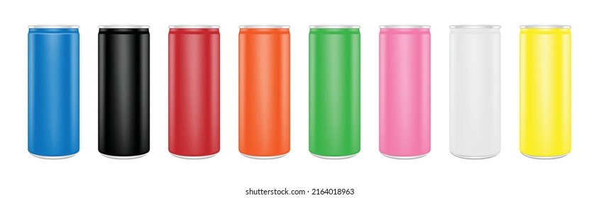 Group of metallic can for beer in different colors , Beautiful mockup energy drink bottle and soda water , Realistic aluminum metal juice isolated on white background , Vector illustration .